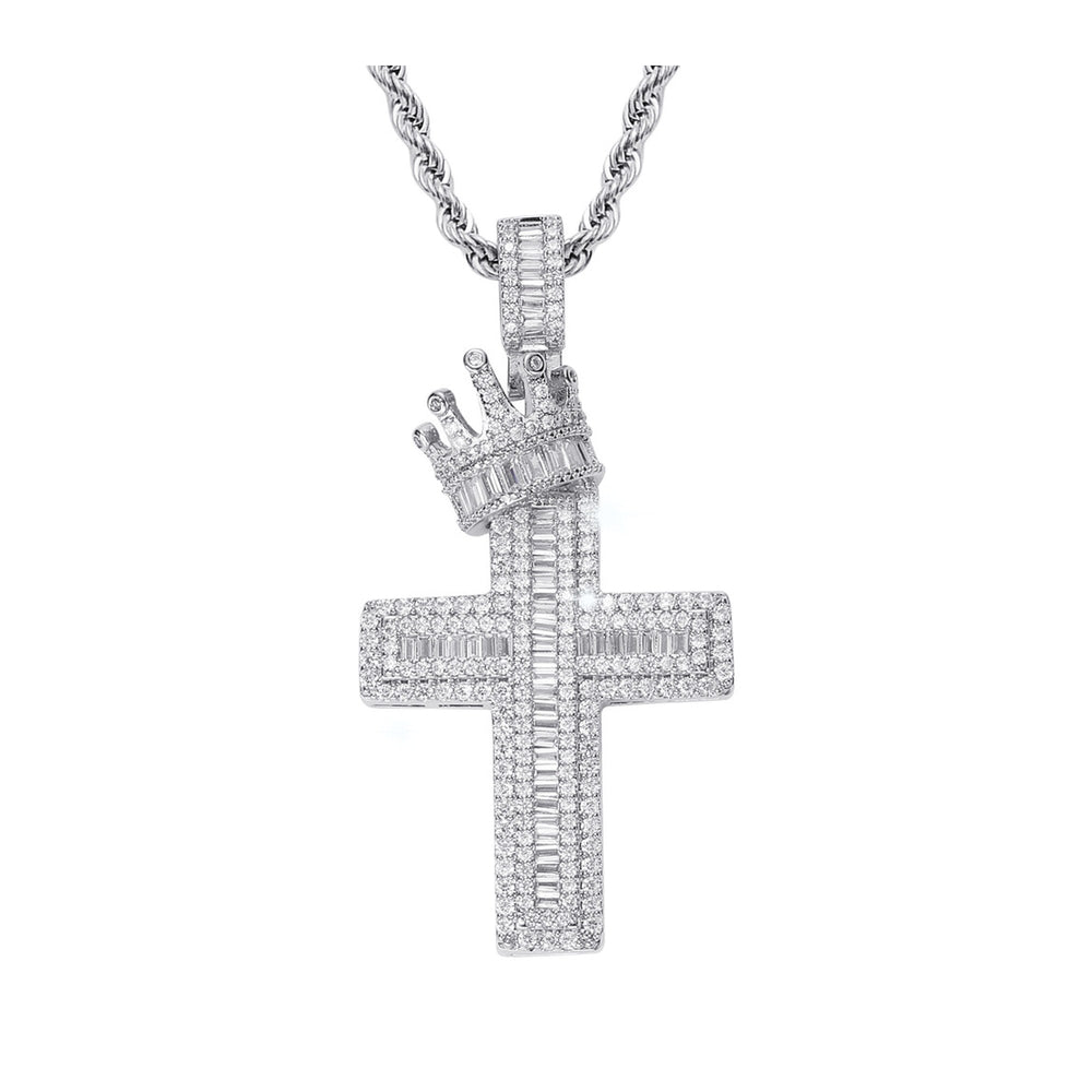 Iced Baguette Cut Crown Cross Pendant