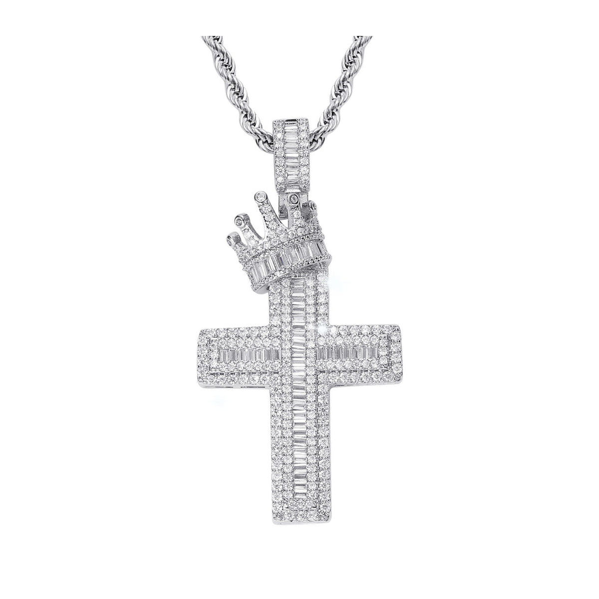 Iced Baguette Cut Crown Cross Pendant