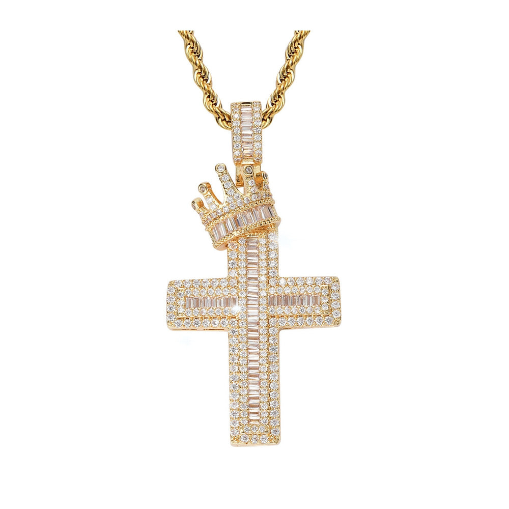 Iced Baguette Cut Crown Cross Pendant