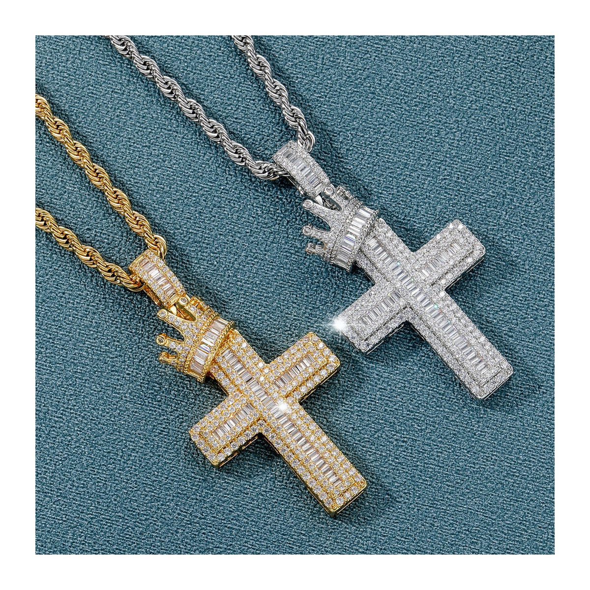Iced Baguette Cut Crown Cross Pendant