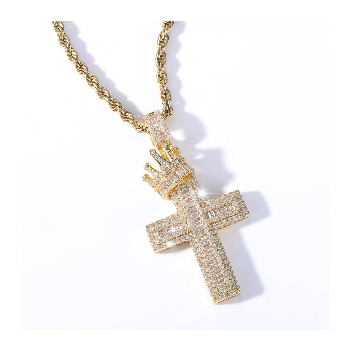 Iced Baguette Cut Crown Cross Pendant