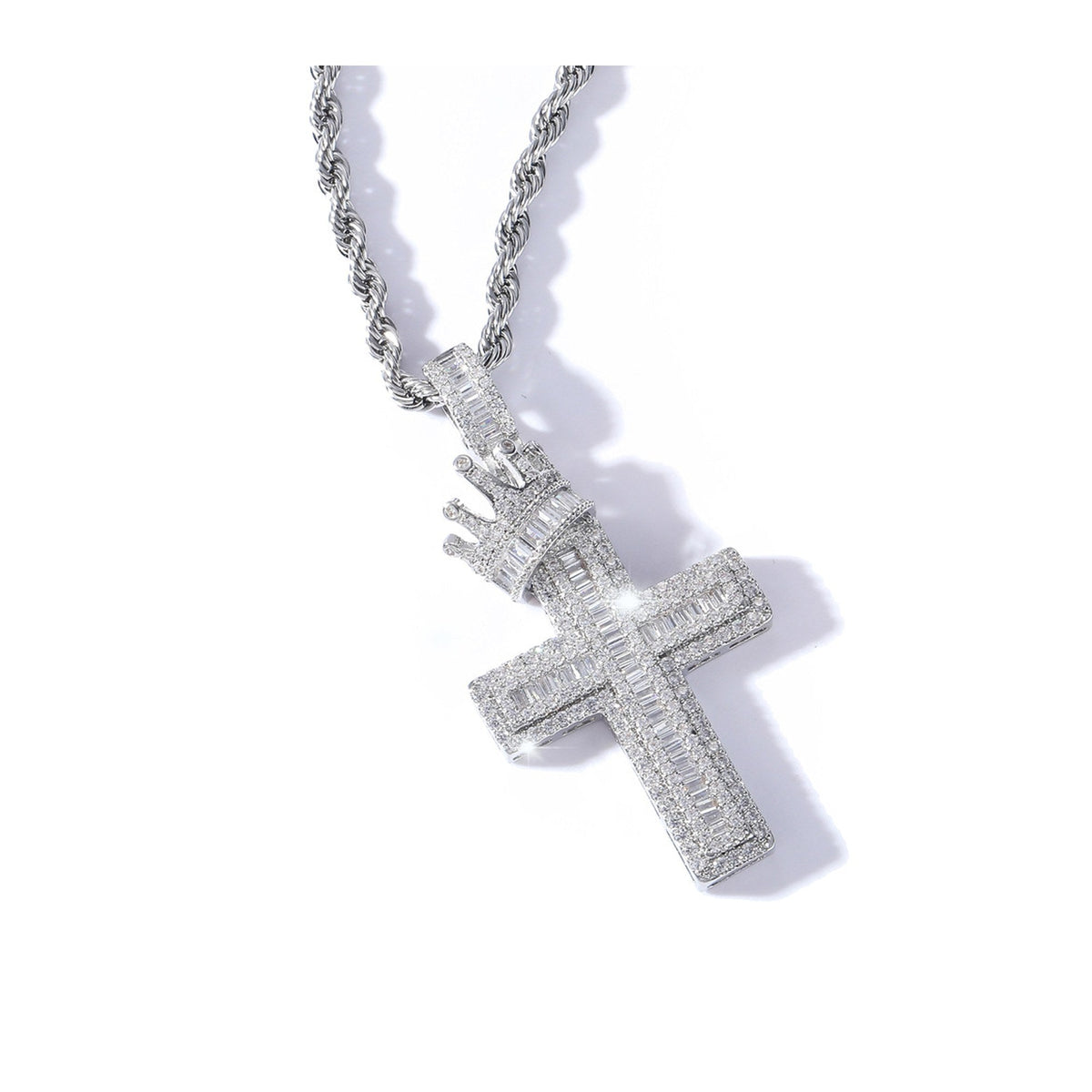 Iced Baguette Cut Crown Cross Pendant
