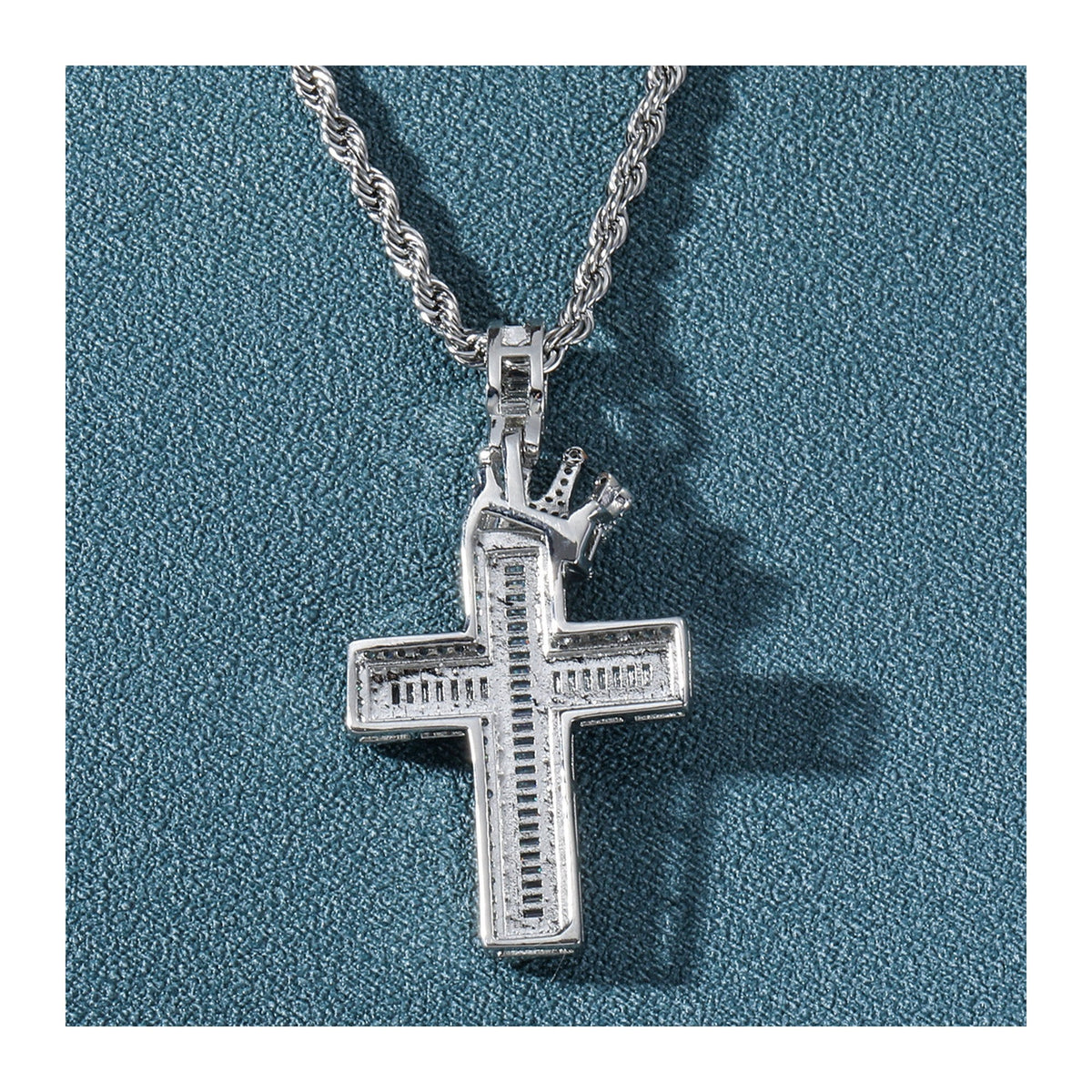 Iced Baguette Cut Crown Cross Pendant