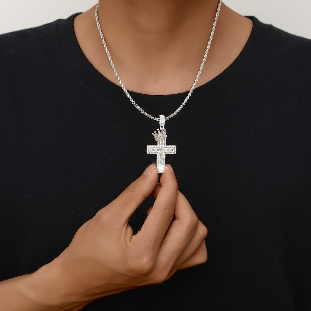 Iced Baguette Cut Crown Cross Pendant