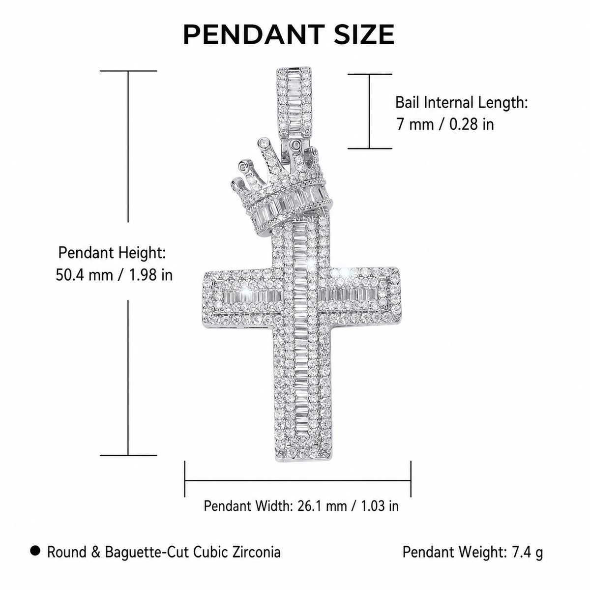 Iced Baguette Cut Crown Cross Pendant