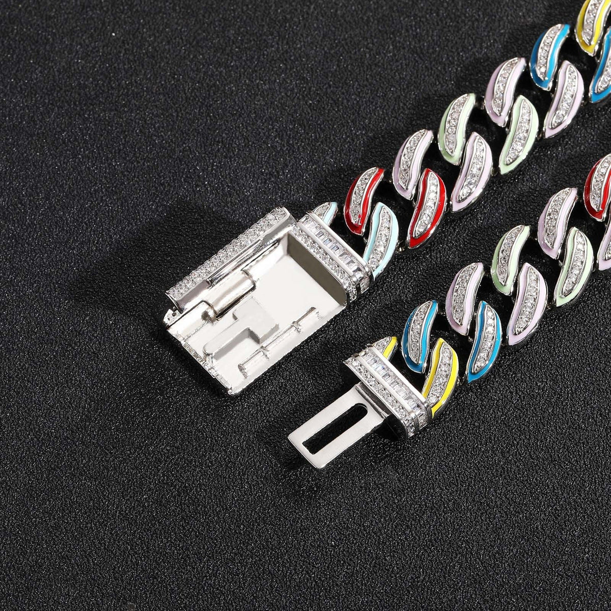 15mm Multicolor Enamel Iced Cuban Bracelet