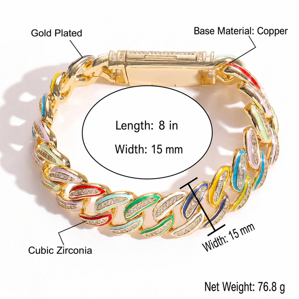 15mm Multicolor Enamel Iced Cuban Bracelet
