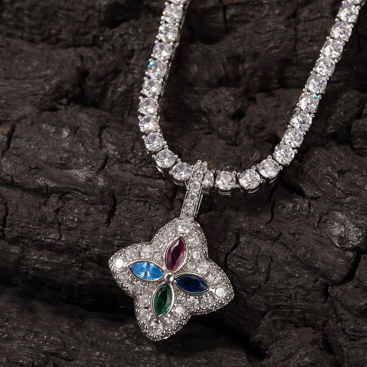 Iced Multicolor Four-Leaf Clover Pendant
