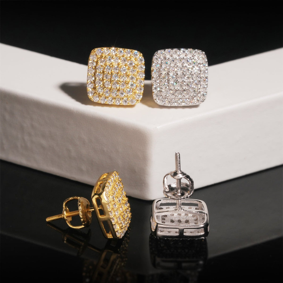 Pavé Moissanite Square Stud Earrings Screw Back - 925 Sterling Silver