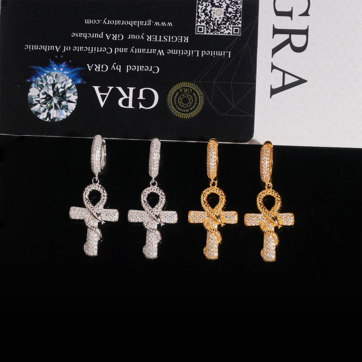 Iced Ankh Cross Moissanite Drop Earrings - 925 Sterling Silver