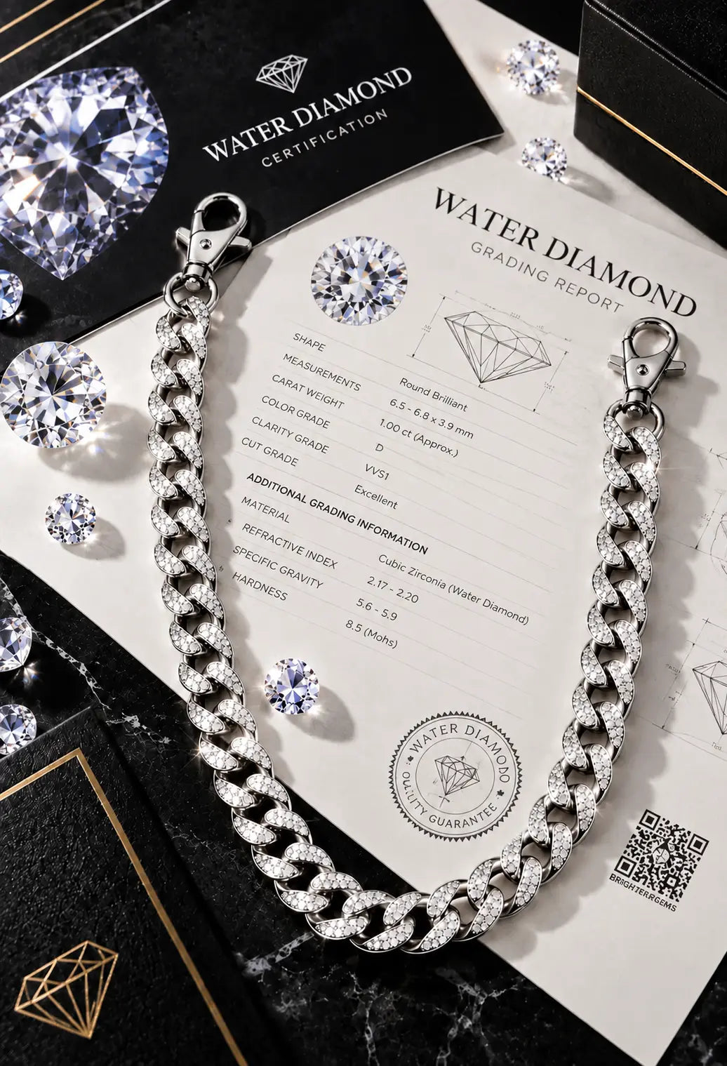 Jewelry displayed with certification details