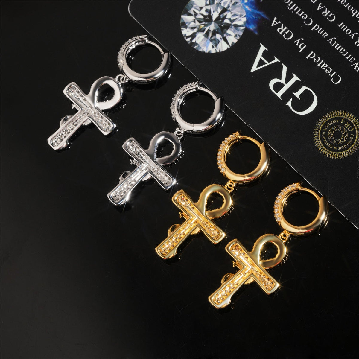 Iced Ankh Cross Moissanite Drop Earrings - 925 Sterling Silver