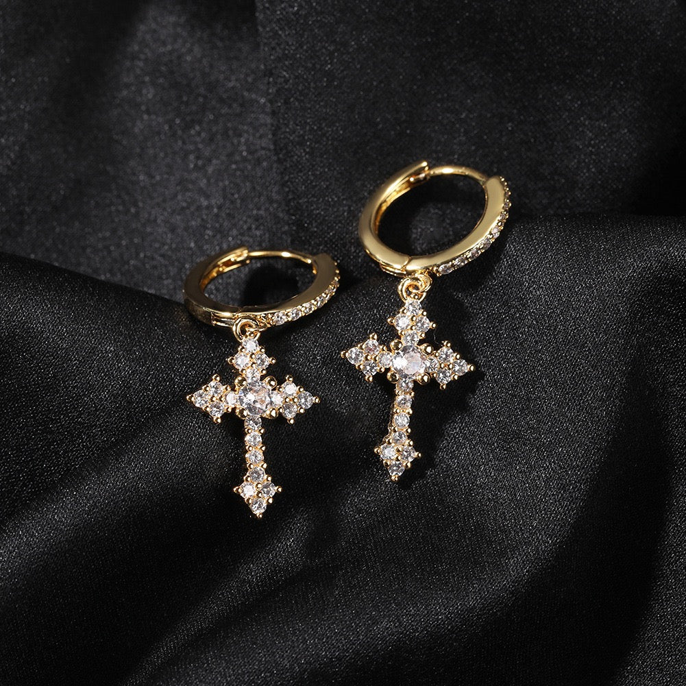 Iced Out Cross Drop Earrings