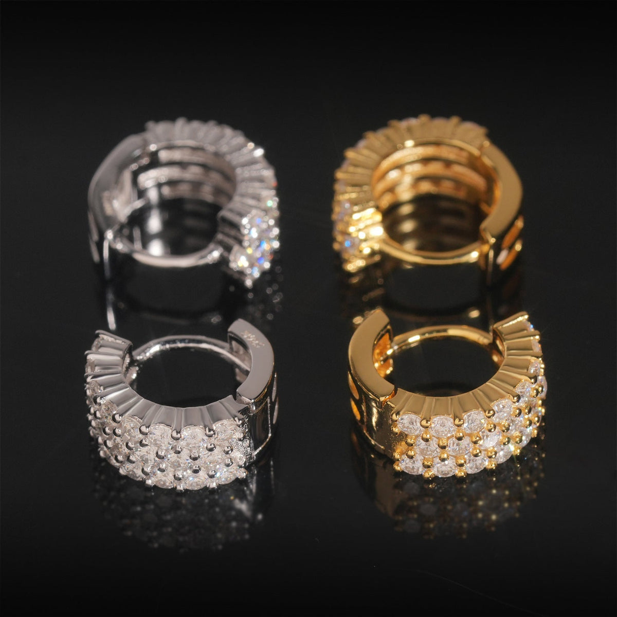 Iced Moissanite Huggie Hoop Earrings 3 Row - 925 Sterling Silver