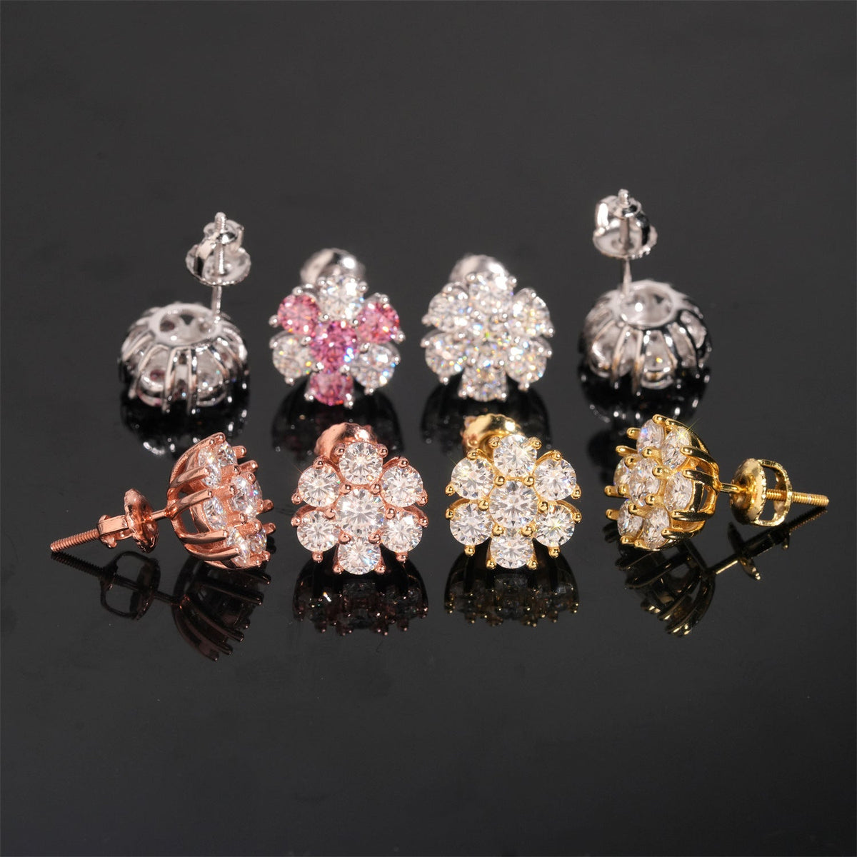 Petal Flower Moissanite Stud Earrings Screw Back - 925 Sterling Silver