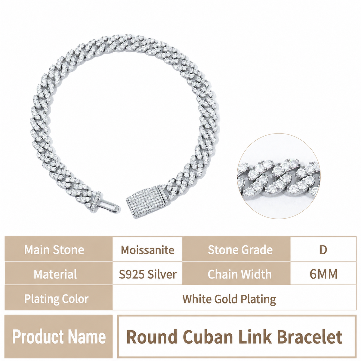 6/10mm VVS Moissanite Cuban Bracelet – 925 Sterling Silver
