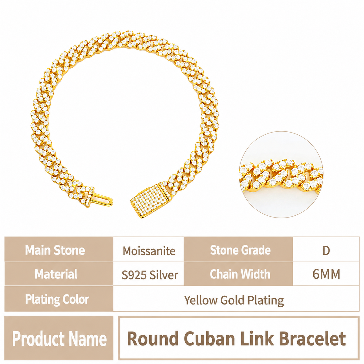 6/10mm VVS Moissanite Cuban Bracelet – 925 Sterling Silver
