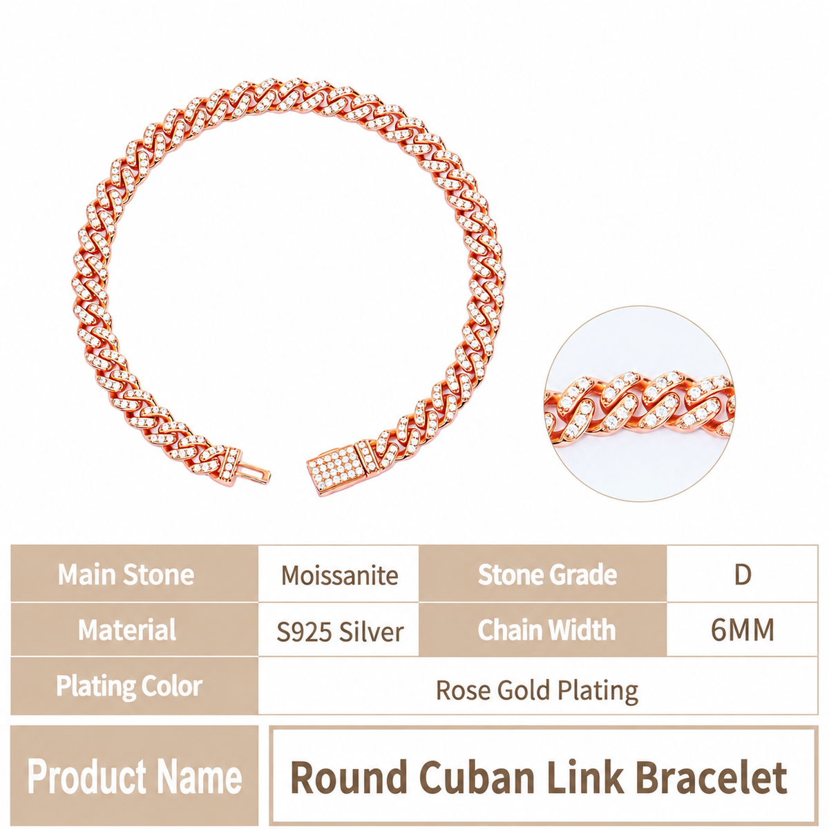 6/10mm VVS Moissanite Cuban Bracelet – 925 Sterling Silver