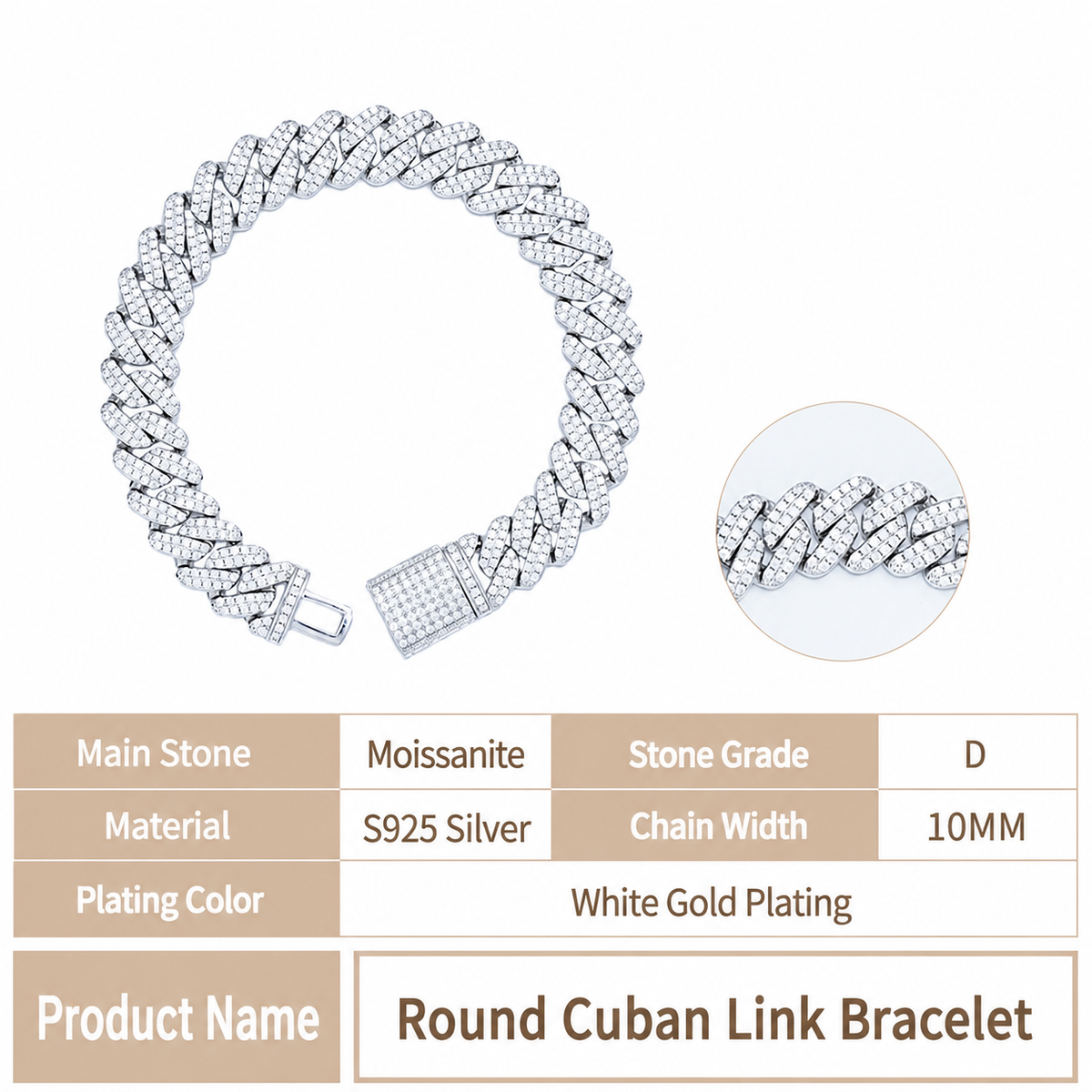 6/10mm VVS Moissanite Cuban Bracelet – 925 Sterling Silver