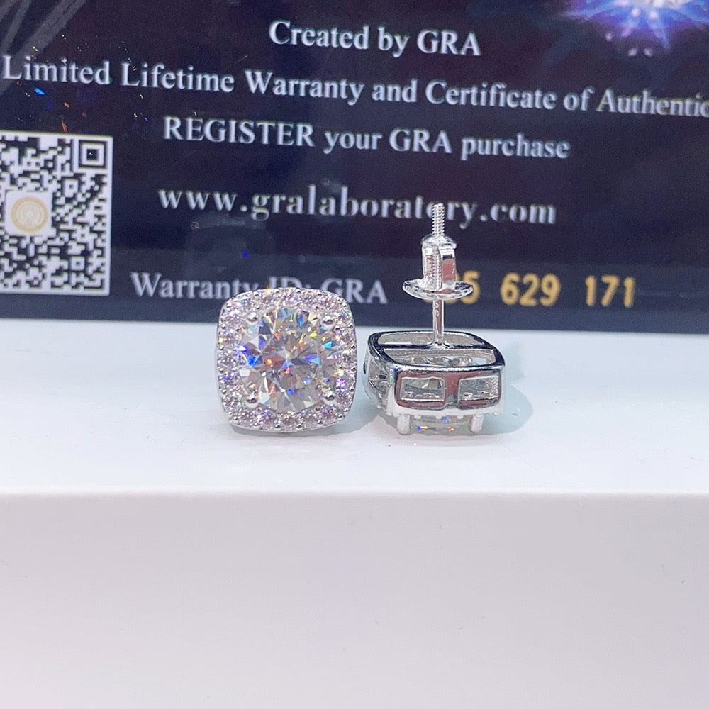 VVS1 D Color Moissanite Halo Stud Earrings - Screw Back