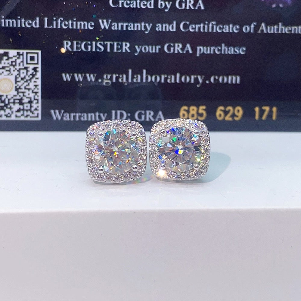 VVS1 D Color Moissanite Halo Stud Earrings - Screw Back
