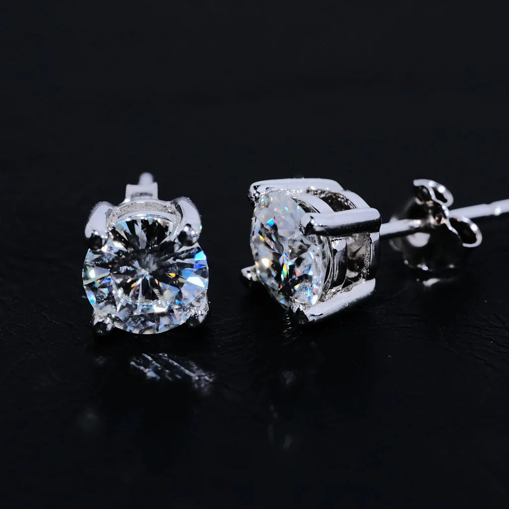 Round Cut VVS Moissanite Stud Earrings – 925 Sterling Silver
