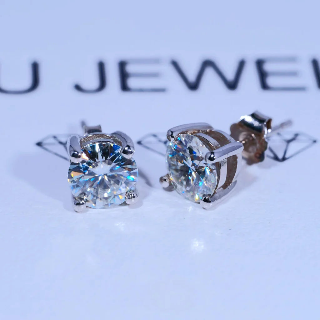 Round Cut VVS Moissanite Stud Earrings – 925 Sterling Silver