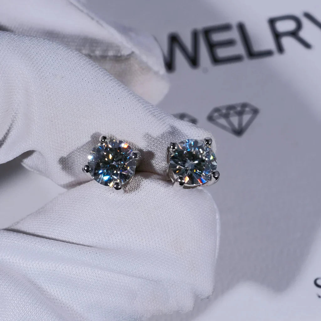 Round Cut VVS Moissanite Stud Earrings – 925 Sterling Silver