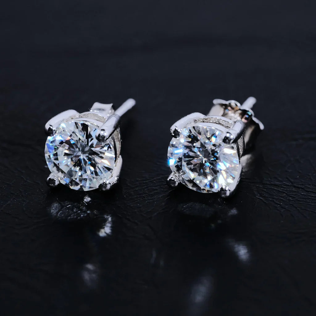 Round Cut VVS Moissanite Stud Earrings – 925 Sterling Silver