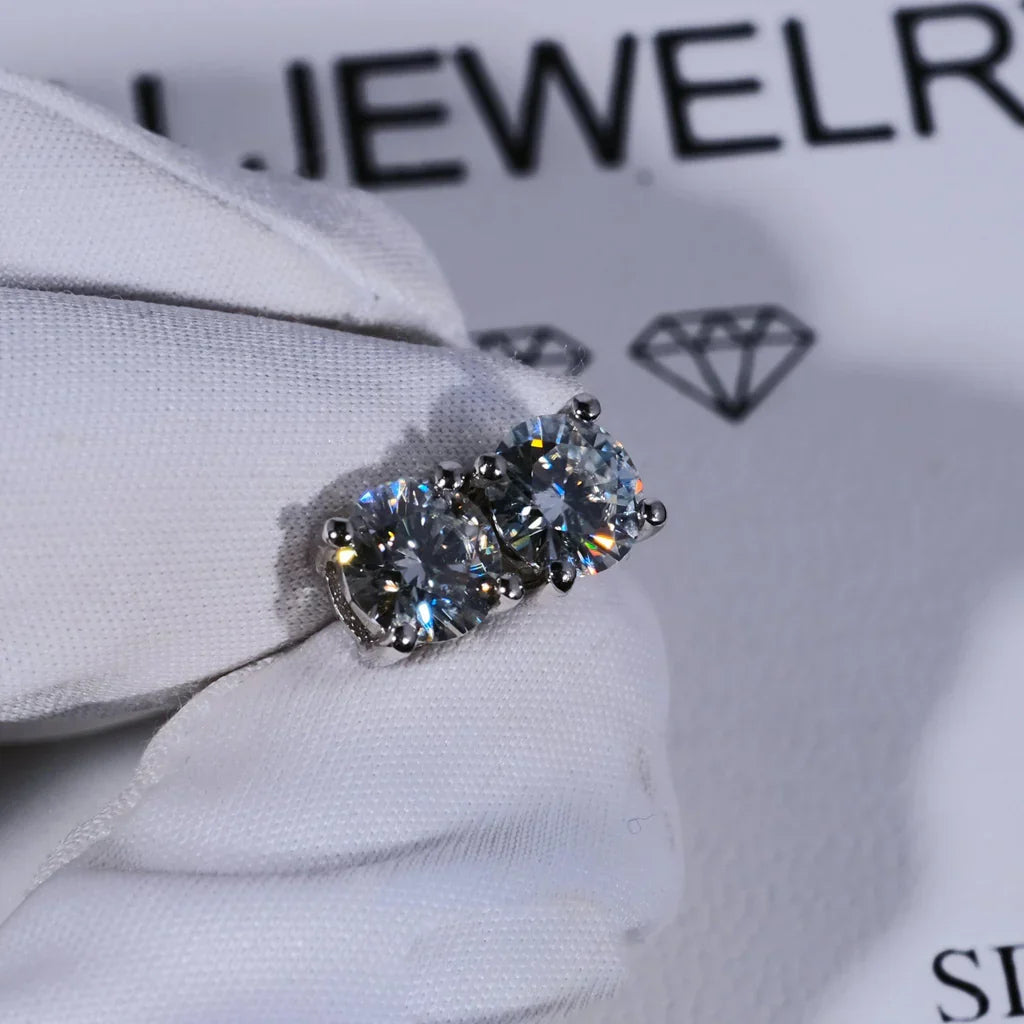 Round Cut VVS Moissanite Stud Earrings – 925 Sterling Silver