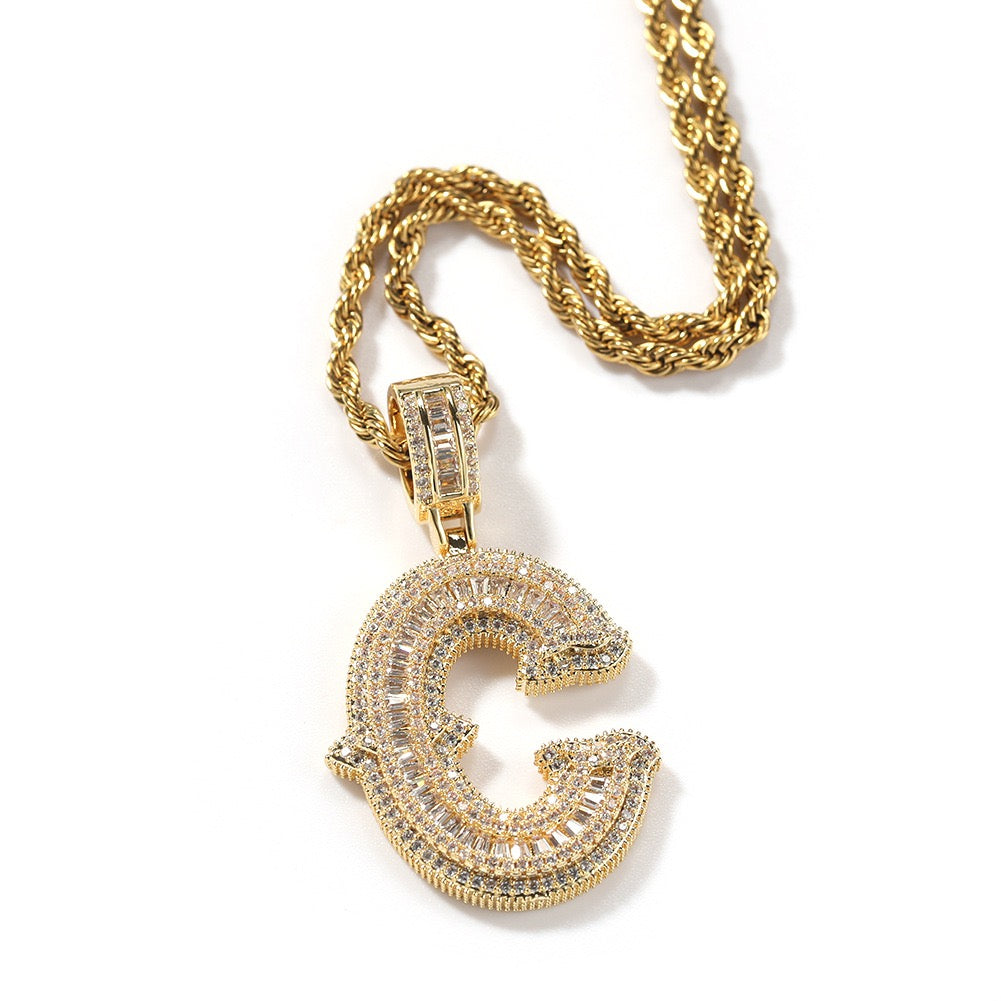 Iced Large Initial Pendant - baguette CZ
