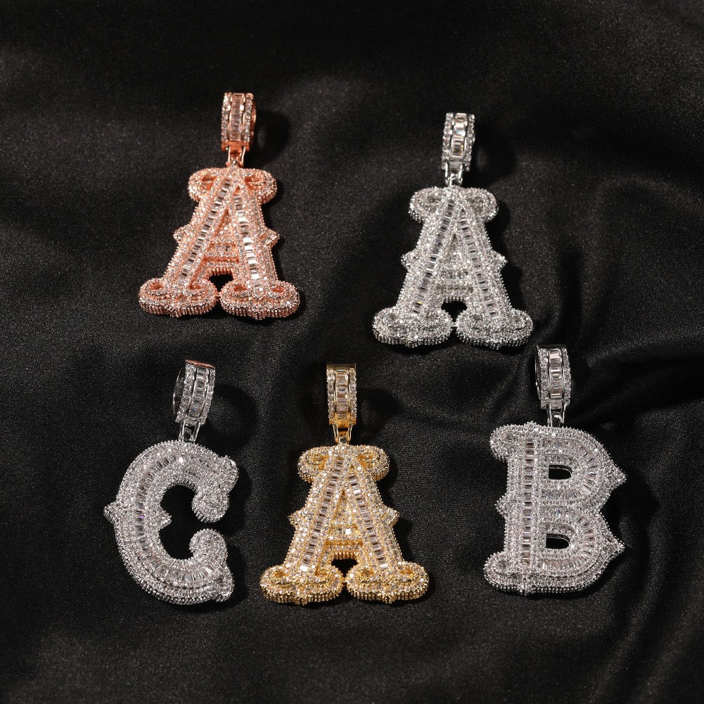 Iced Large Initial Pendant - baguette CZ