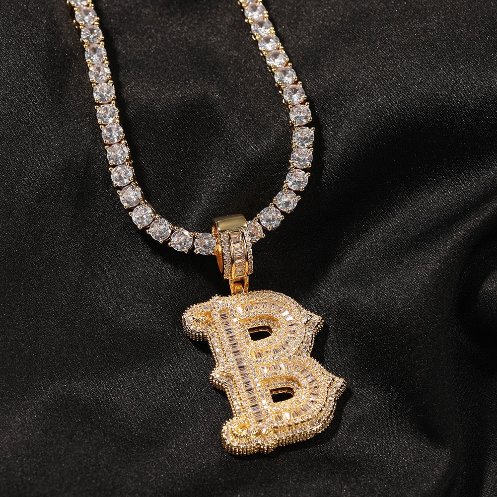 Iced Large Initial Pendant - baguette CZ