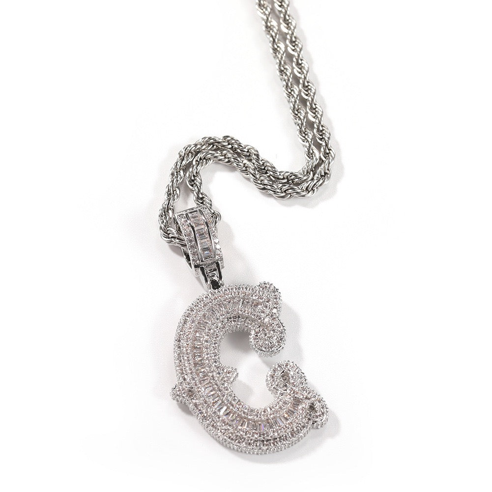 Iced Large Initial Pendant - baguette CZ
