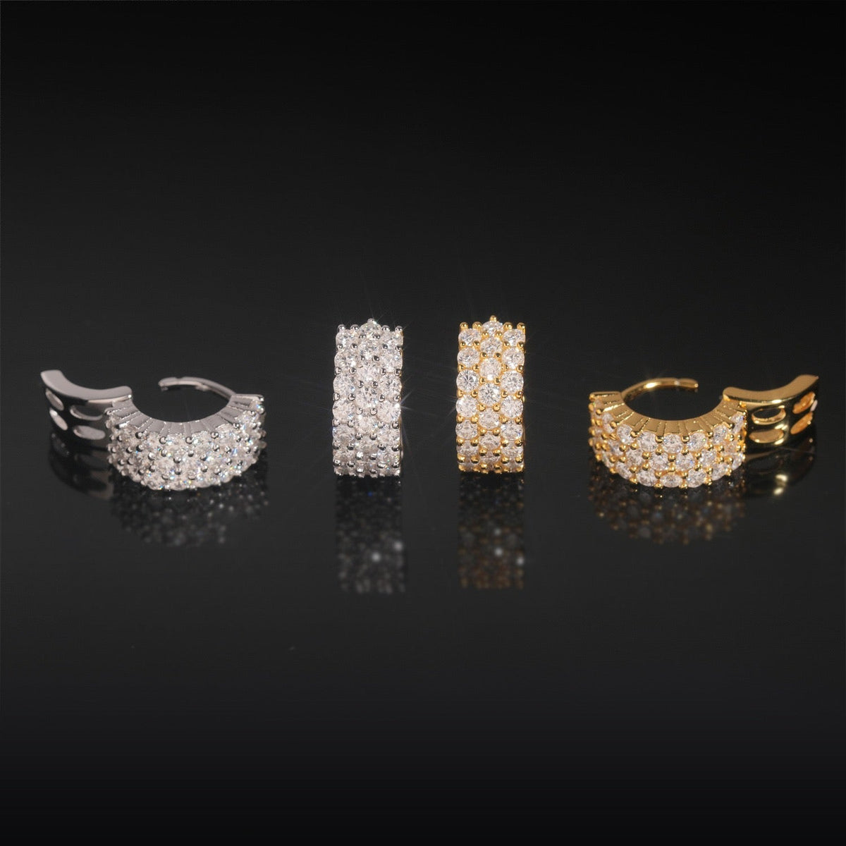 Iced Moissanite Huggie Hoop Earrings 3 Row - 925 Sterling Silver