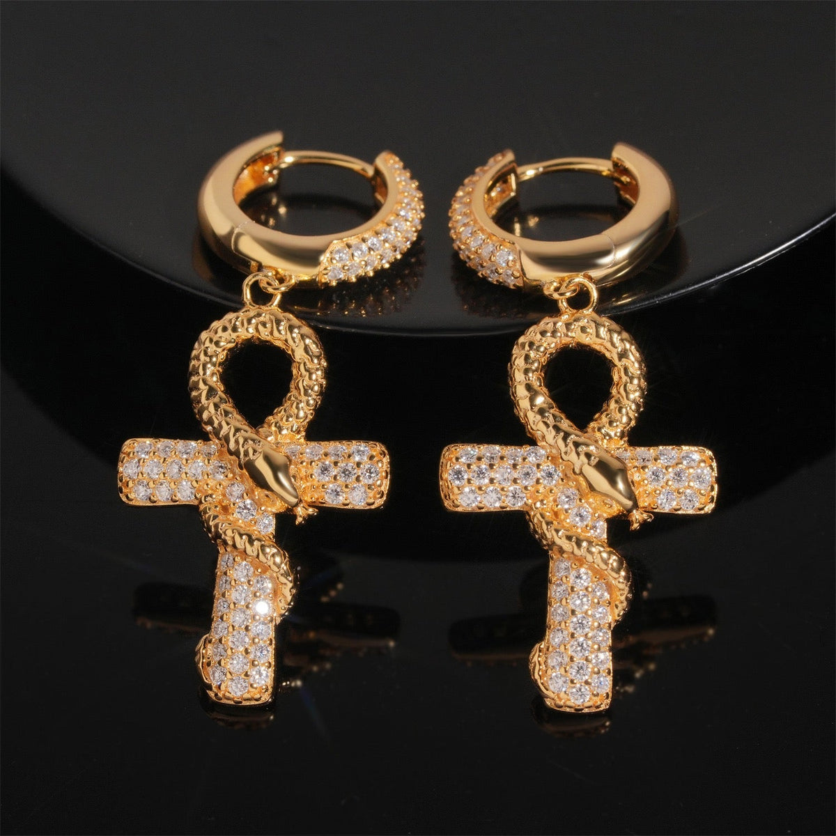 Iced Ankh Cross Moissanite Drop Earrings - 925 Sterling Silver
