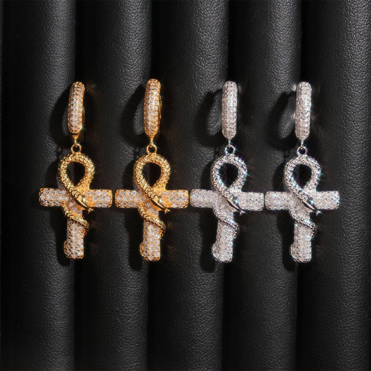 Iced Ankh Cross Moissanite Drop Earrings - 925 Sterling Silver