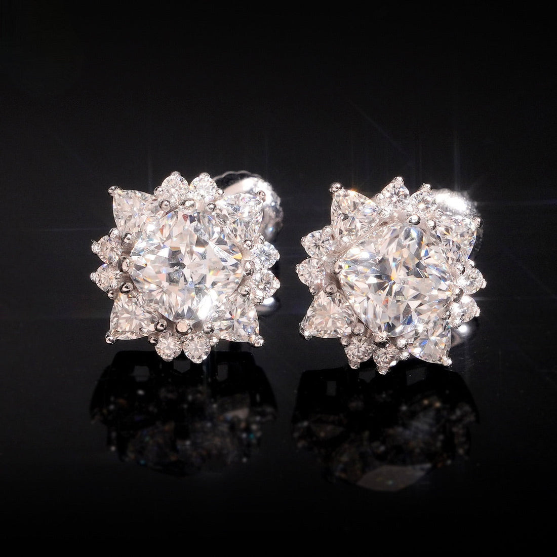 Moissanite Center Stone Flower Stud Earrings Screw Back - 925 Sterling Silver