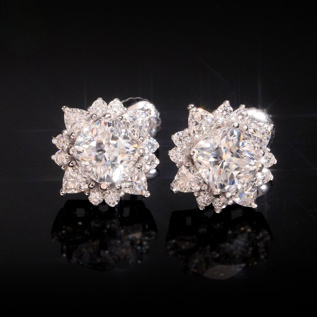 Moissanite Center Stone Flower Stud Earrings Screw Back - 925 Sterling Silver