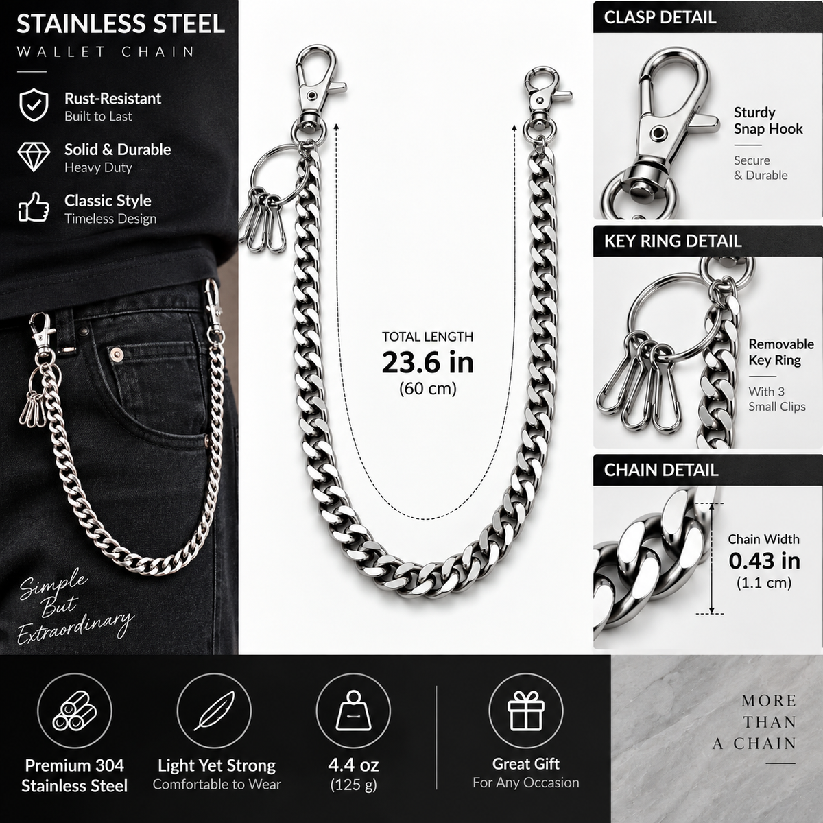 Classic Heavy duty solid Metal Wallet Chain