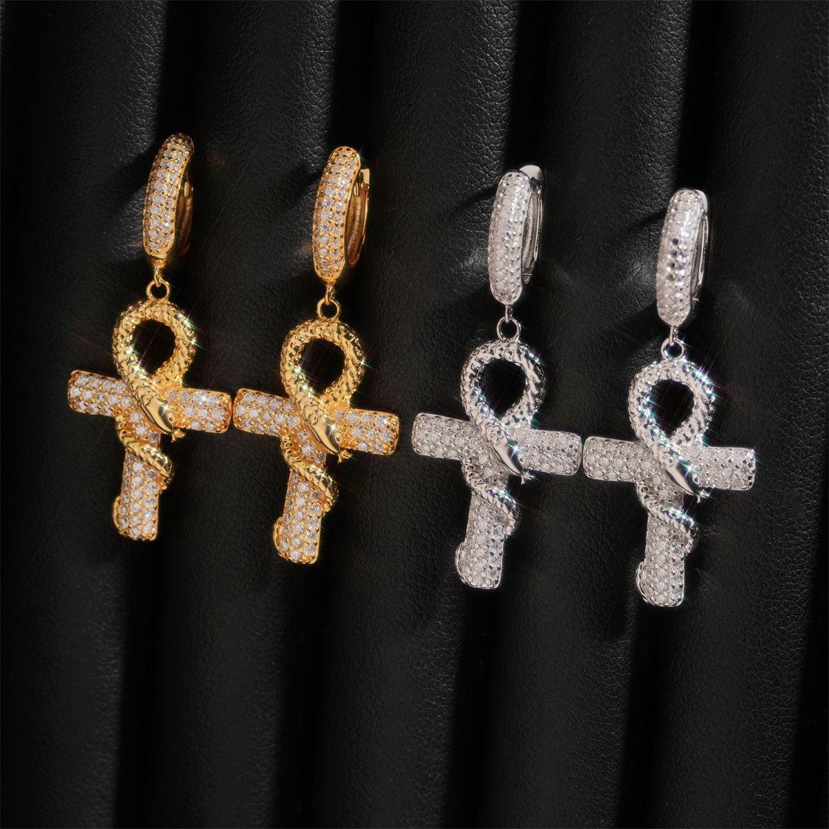 Iced Ankh Cross Moissanite Drop Earrings - 925 Sterling Silver