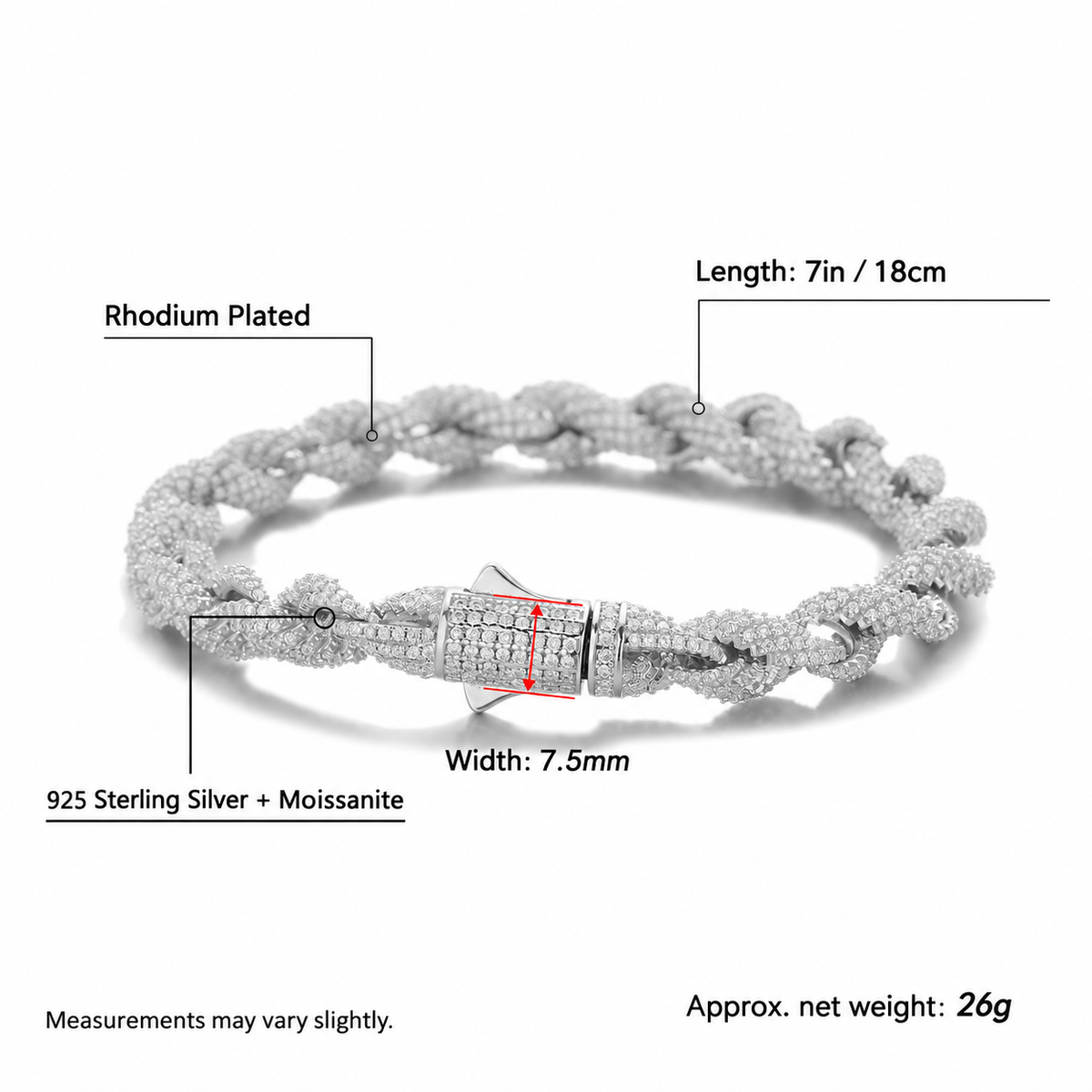 7.5mm Iced Moissanite Rope Bracelet - 925 Sterling Silver
