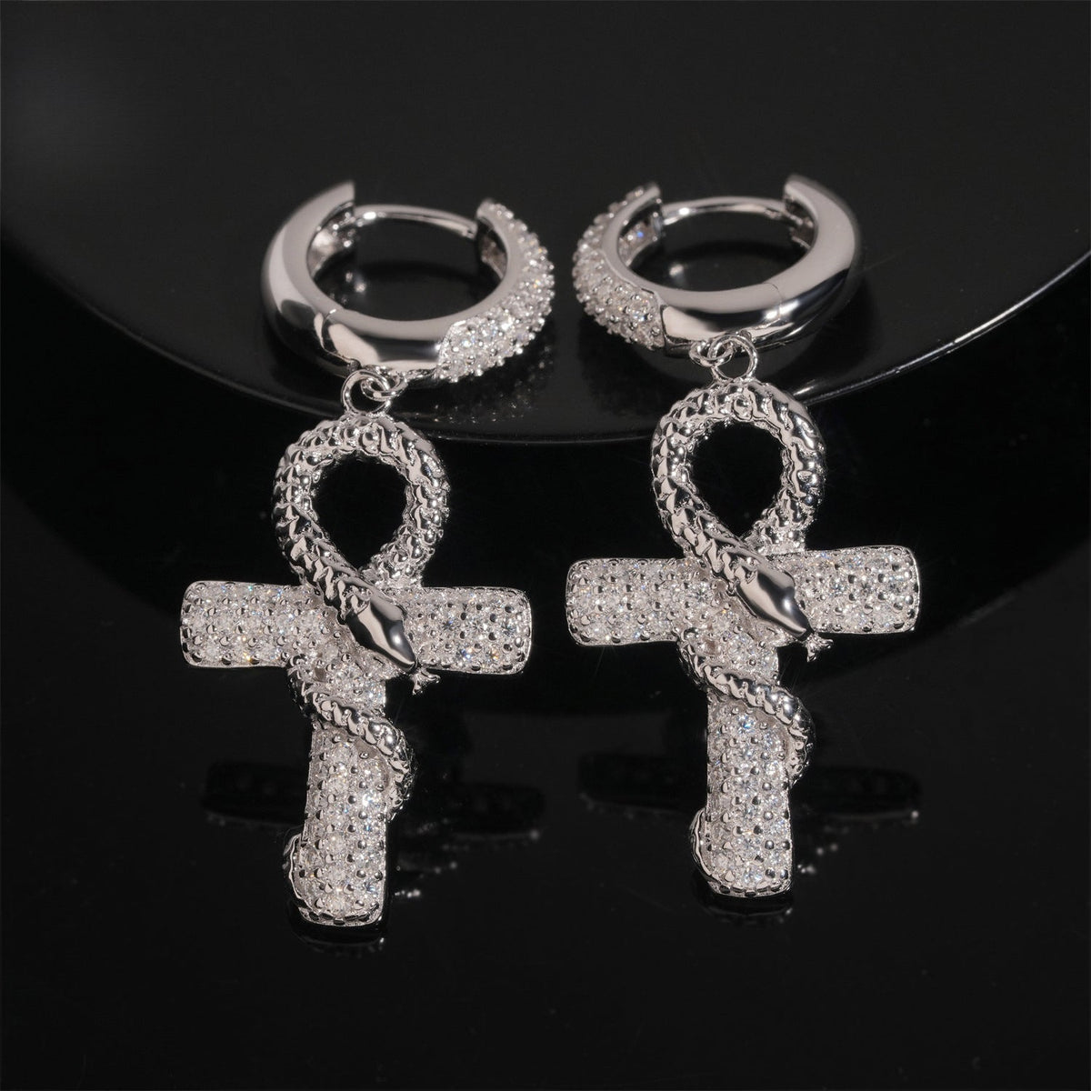 Iced Ankh Cross Moissanite Drop Earrings - 925 Sterling Silver