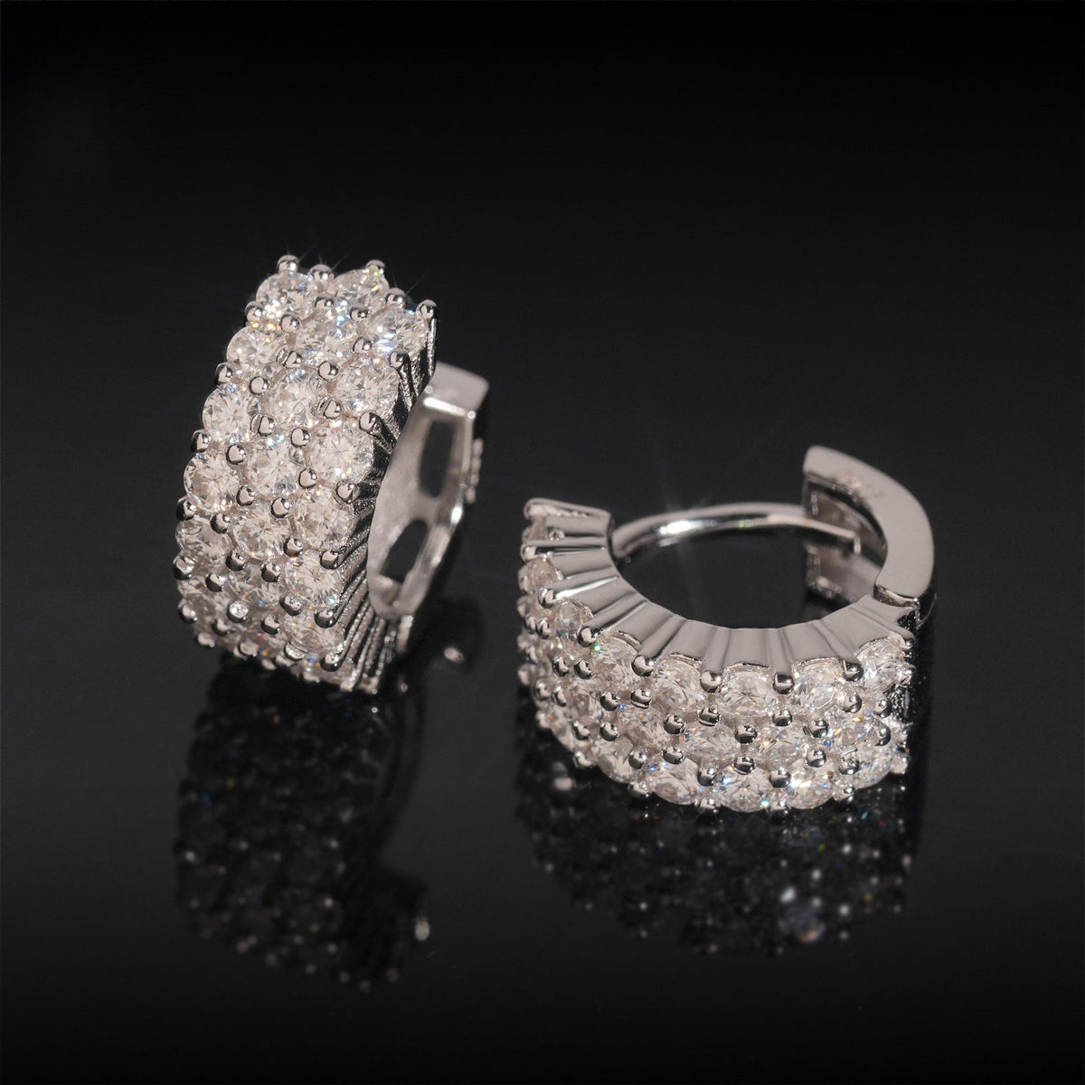 Iced Moissanite Huggie Hoop Earrings 3 Row - 925 Sterling Silver