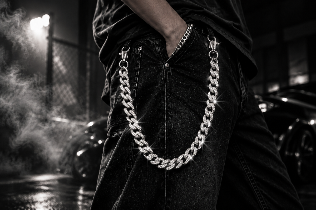 Layered stone-set necklaces worn over a black shirt