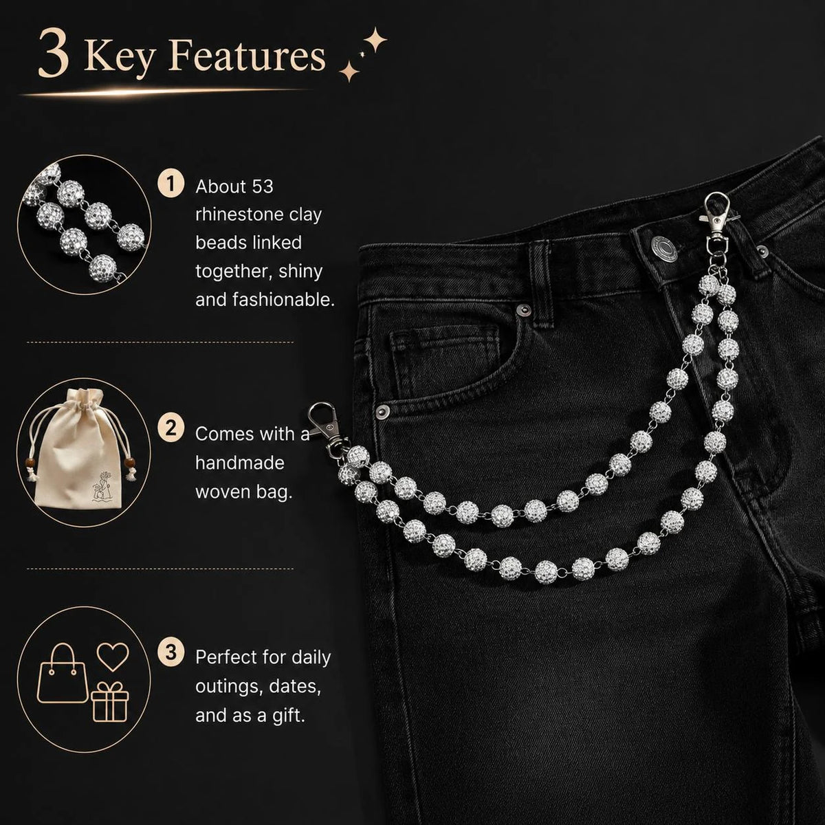 Layered Shamballa Clay Rhinestone Wallet Chain