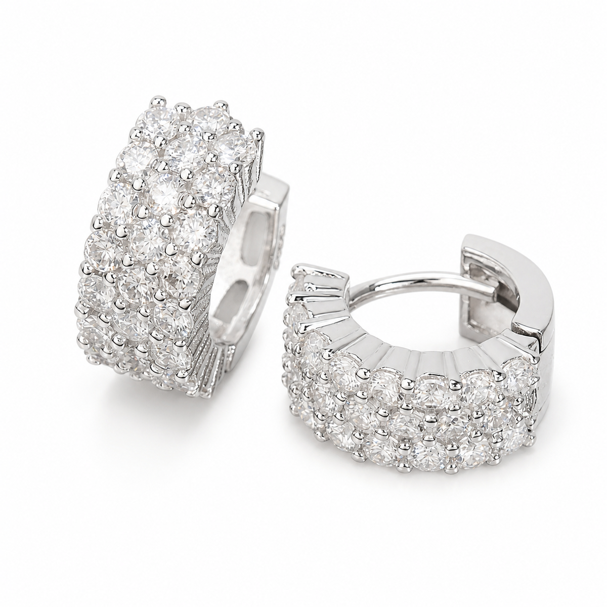 Iced Moissanite Huggie Hoop Earrings 3 Row - 925 Sterling Silver
